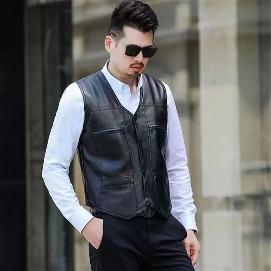 Herren Motorrad Weste aus PU-Leder – Warme Winter Lederweste mit Fleece-Futter, V-Ausschnitt & Knopfleiste, ärmellos