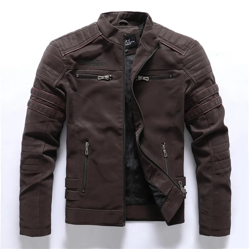 Herren Motorrad PU-Lederjacke mit Fleece-Futter – Vintage Biker Jacke mit Stehkragen &amp; Multi-Taschen pour Herbst &amp; Winter 2025