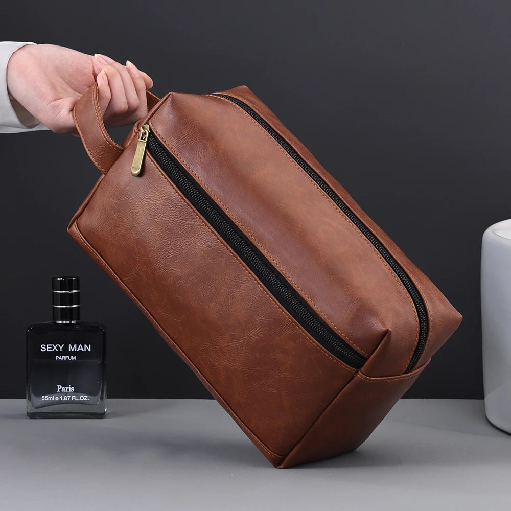 Herren Leder Kulturbeutel – Große Reise &amp; Business Kosmetiktasche, wasserfeste Waschtasche mit Griff