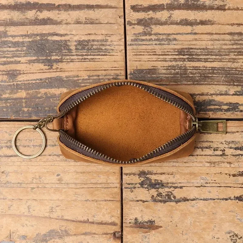 Genuine Leather Damen Münzbörse - Cartera de mano con cremallera vintage aus Rindsleder mit Kartenfach &amp; Schlüsselhalter 