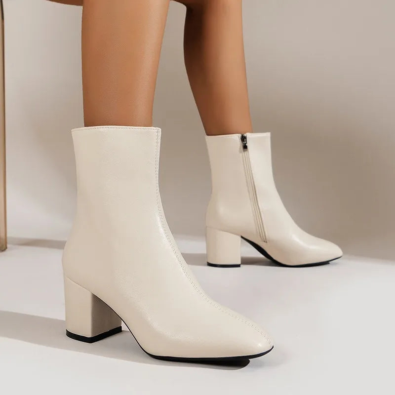 Damen Ankle Boots mit Reißverschluss – Modische Kurzstiefel mit Blockabsatz & Plateau, Hochwertige Lederoptik, Größe 35–42