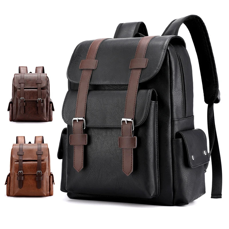 2023 Herren PU-Leder Rucksack – Großer Laptop-Rucksack für Schule, Freizeit & Teenager, Schwarz & Braun, Casual Backpack