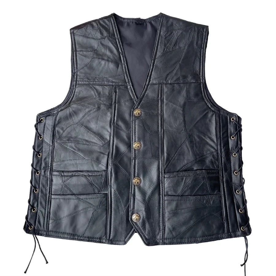 Bestickte Herren Motorrad Lederweste – Schwarze Punk Biker Weste mit V-Ausschnitt, Ärmellose Streetwear Waistcoat in großen Größen