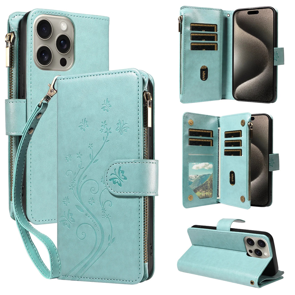 Cartera multifunción de piel sintética con tapa y tapa para iPhone 11–16e – Kartenfach, Ständer &amp; Rundumschutz