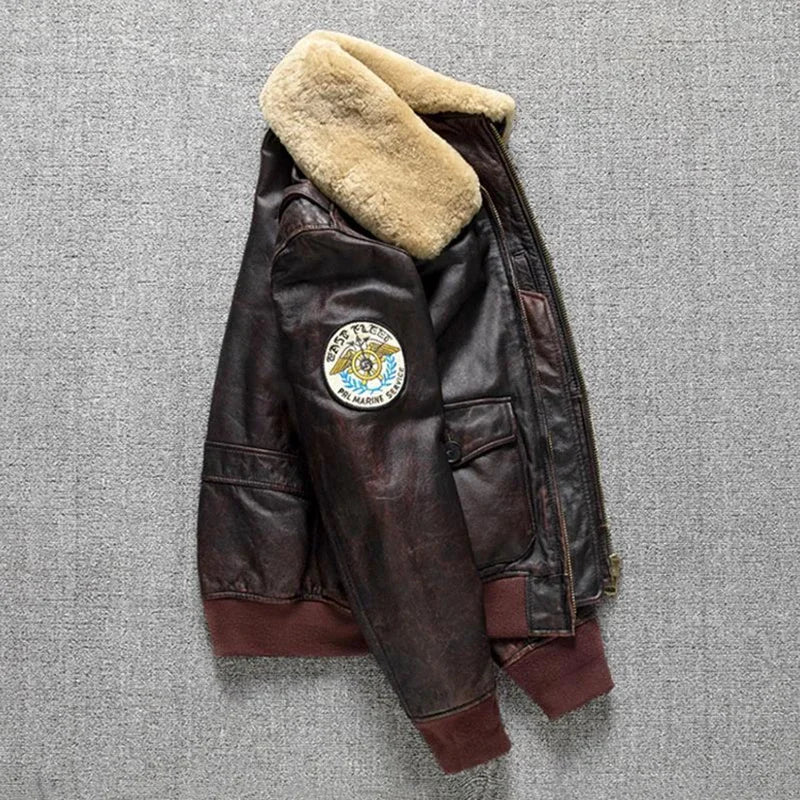 Herren G1 Fliegerlederjacke aus echtem Rindsleder – Braune Air-Force Pilotenjacke mit abnehmbarem Fellkragen, Winter Militärjacke bis 6XL