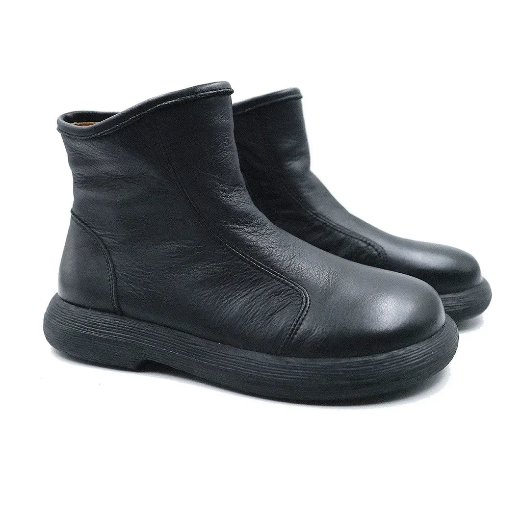 Handgefertigte Damen Stiefeletten aus echtem Leder – Warme Retro Ankle Boots mit Rundspitze &amp; Reißverschluss (Größe 35–45) 