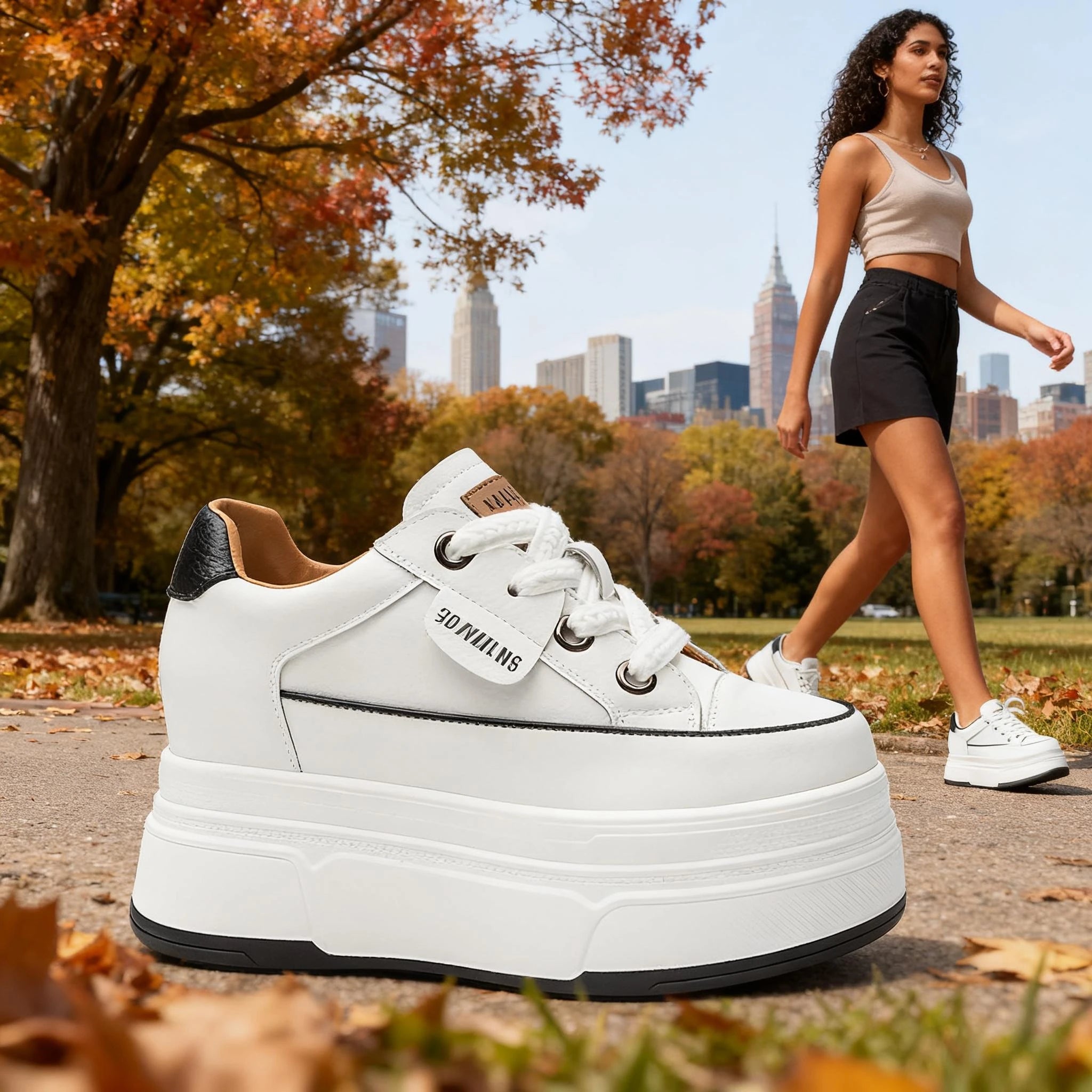 Fujin Damen Plateau Sneaker aus Echtleder – 9 cm Plattform Vulcanized Shoes | Hohe Casual Sneaker mit Komfort-Sohle