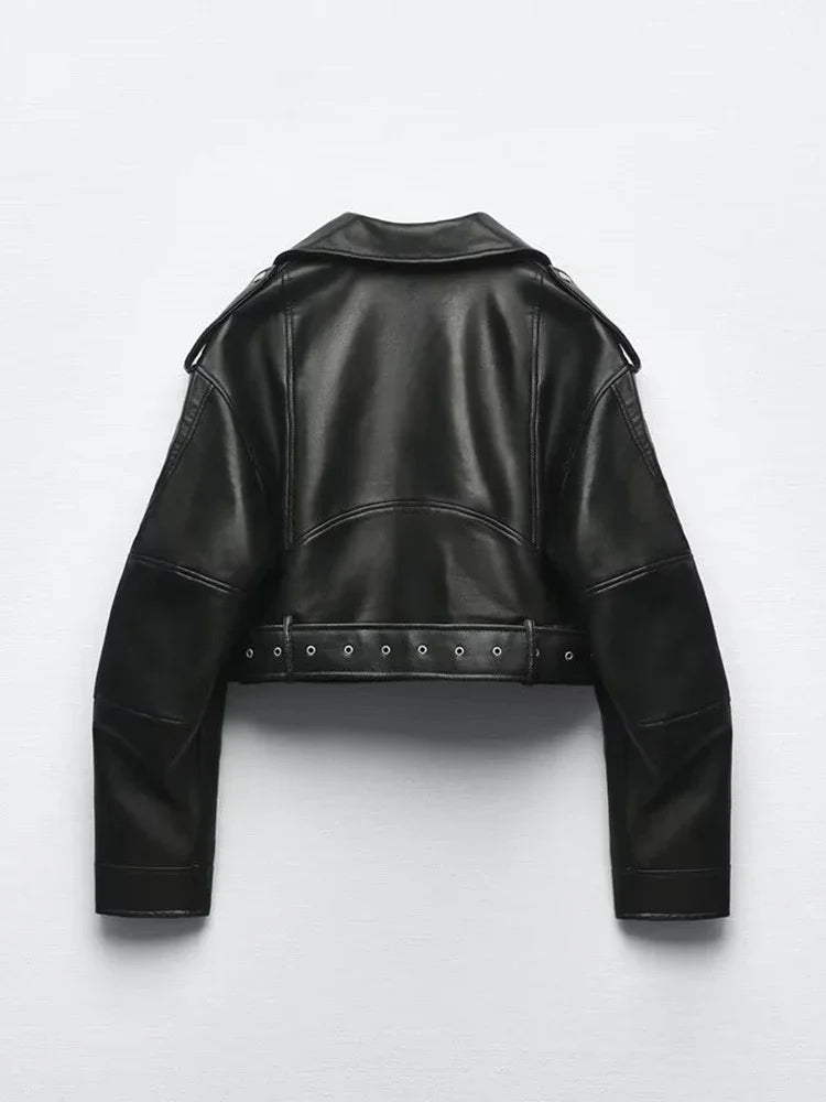 Damen Oversized PU Lederjacke Vintage – Kurze Bikerjacke mit Gürtel & Reißverschluss, Retro Streetwear Look