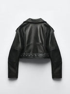 Damen Oversized PU Lederjacke Vintage – Kurze Bikerjacke mit Gürtel & Reißverschluss, Retro Streetwear Look