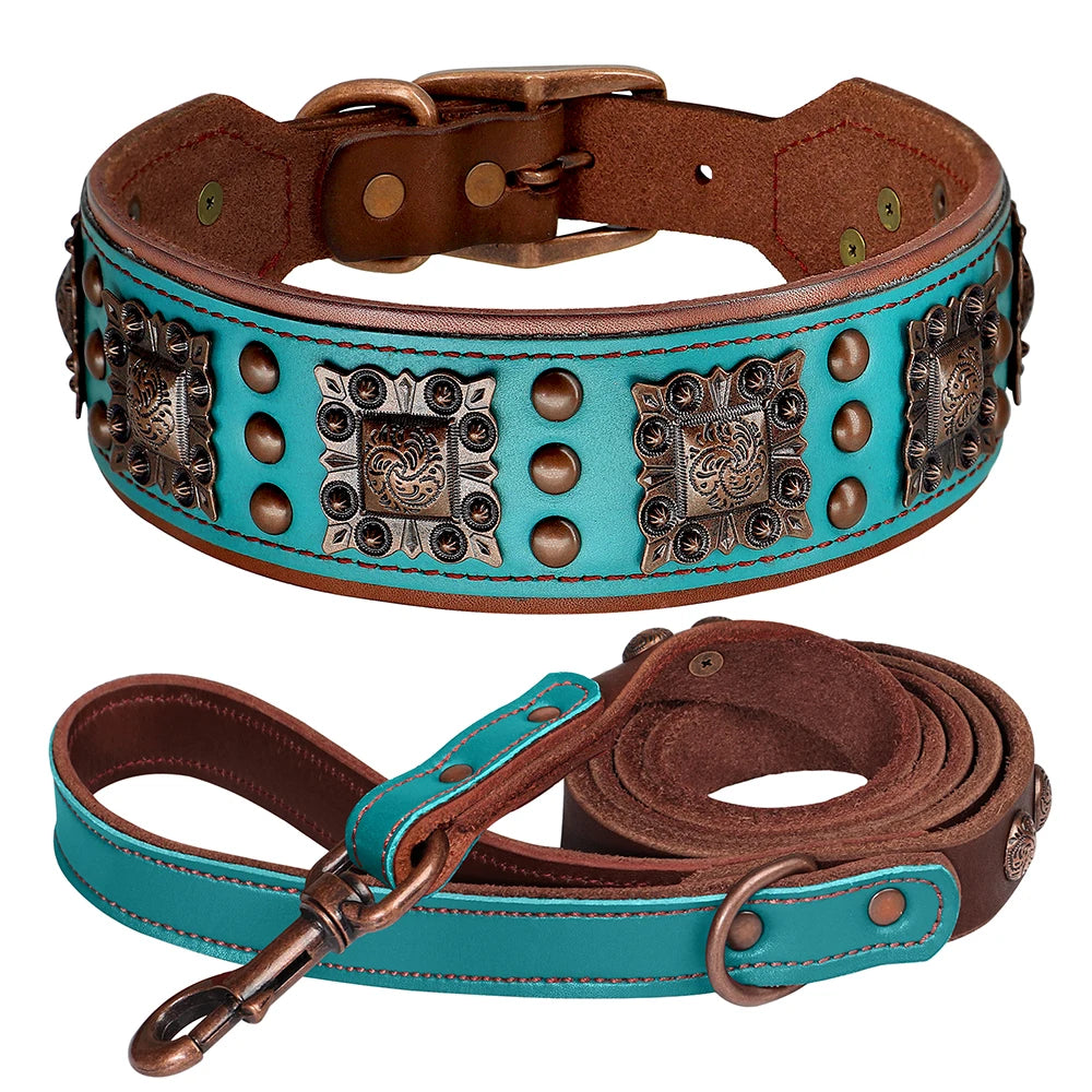 Luxus Leder Hundehalsband & Leinen Set – Breites, gepolstertes Echtleder mit Metallnieten für große & kräftige Hunde