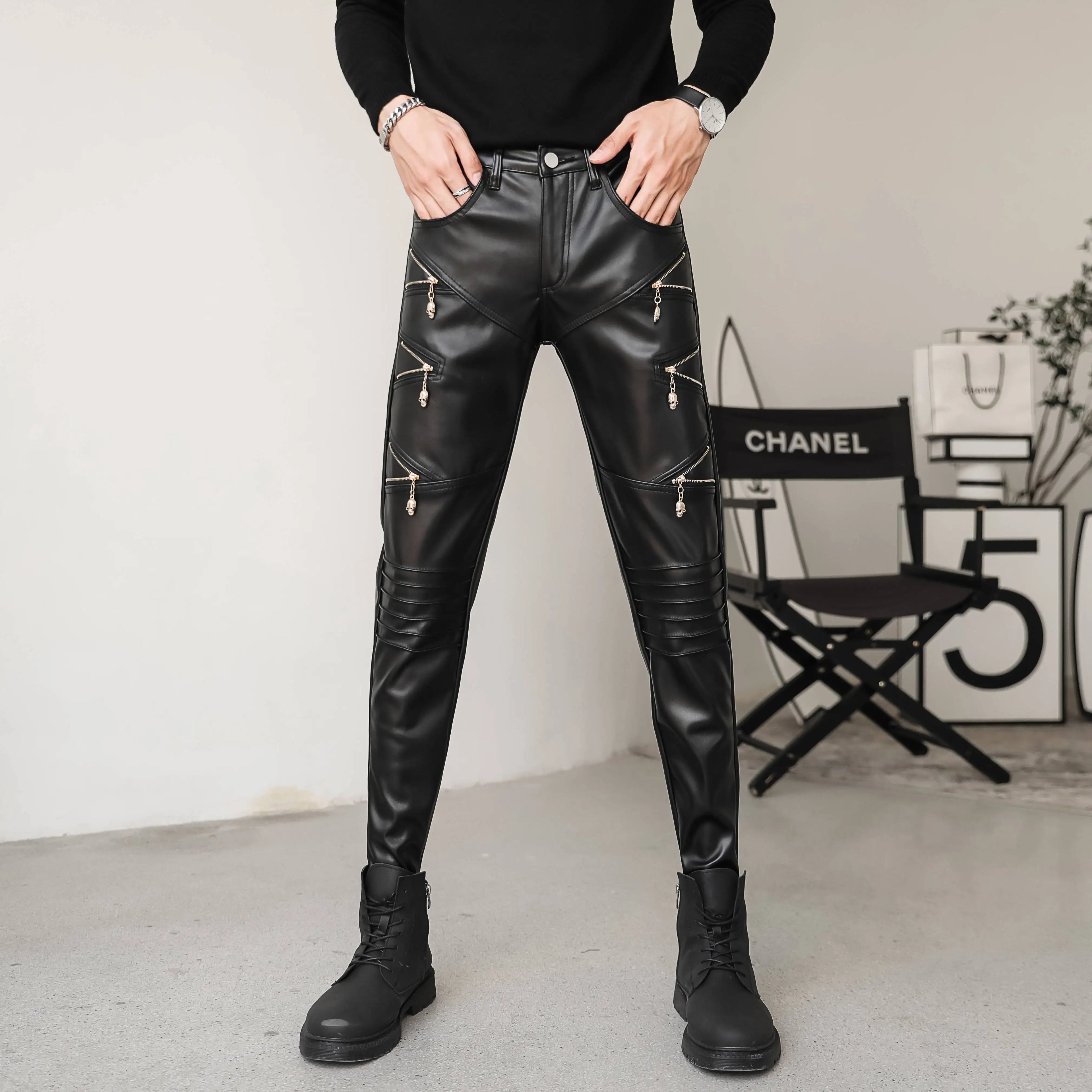 Herren Skinny Biker PU Lederhose – Slim Fit Motorrad-Hose aus Kunstleder für Club, Bühne & Alltag (Ganzjahresmodell)