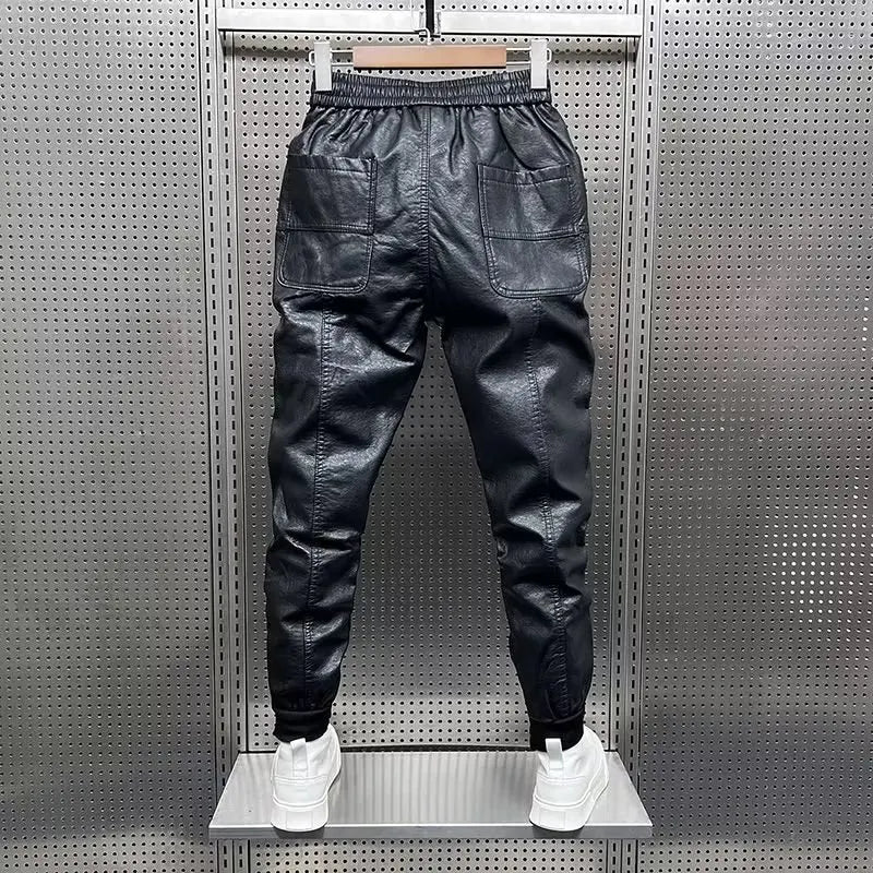 Pantalons d'art hip-hop pour hommes dans le style Harajuku - Pantalons de style streetwear en cuir avec cordon élastique, pantalons sarouel décontractés noirs