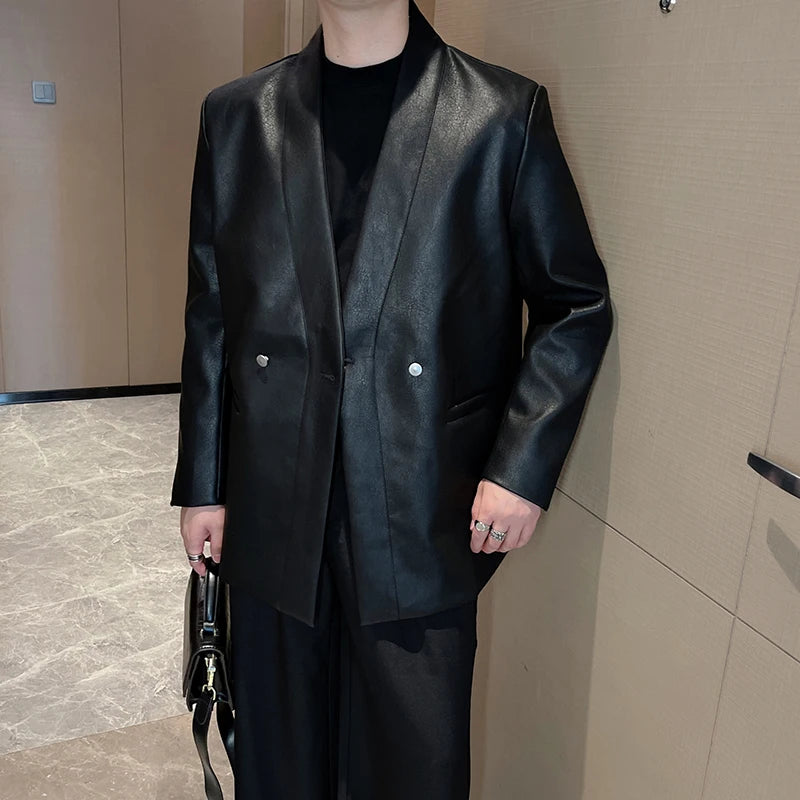 Herren PU Lederjacke Herbst/Winter – Lockerer Double-Breasted Lederblazer ohne Kragen im Casual Style