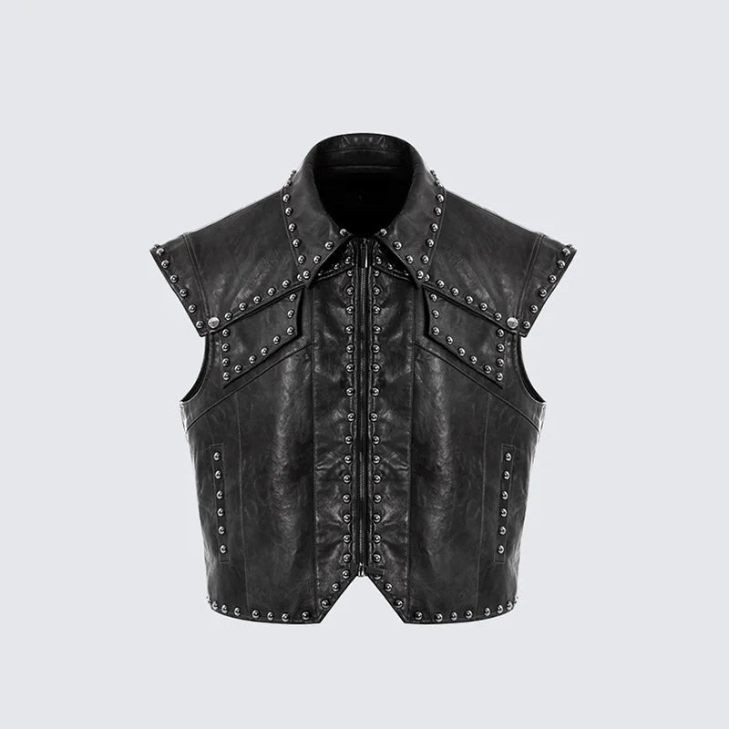 Hommes High Street Leder Biker Weste mit Nieten – Punk Style Motorrad Weste, ärmellos mit Reißverschluss &amp; Umlegekragen