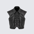 Hommes High Street Leder Biker Weste mit Nieten – Punk Style Motorrad Weste, ärmellos mit Reißverschluss &amp; Umlegekragen