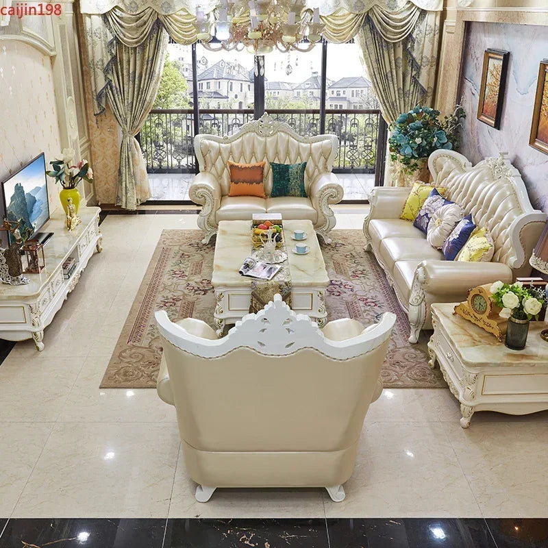 Europäisches Leder-Ecksofa aus Massivholz – Modulares L- oder U-Form Sofa im Retro-Modern-Stil für Wohnzimmer, Apartment & Villa