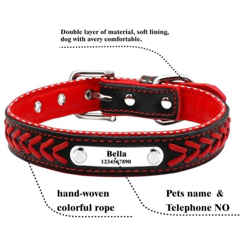 Graviertes Leder Hunde-Halsband mit Namensschild – Geflochtenes, personalisiertes ID-Halsband aus Leder für mittelgroße &amp; große Hunde 