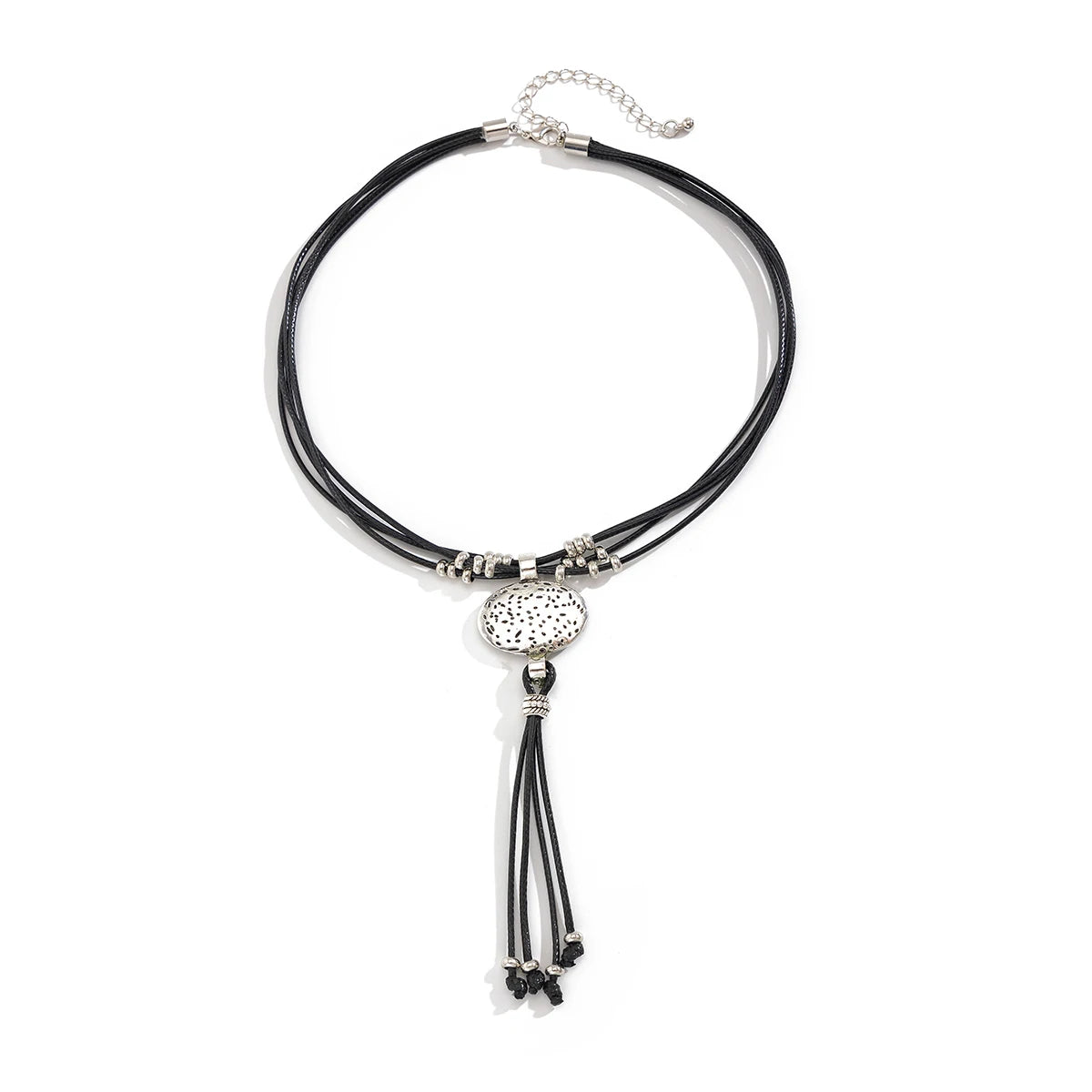Vintage Leder-Wachs Halskette mit rundem Silberanhänger & Quaste – Ethnischer Boho Schmuck für Damen im Retro-Stil