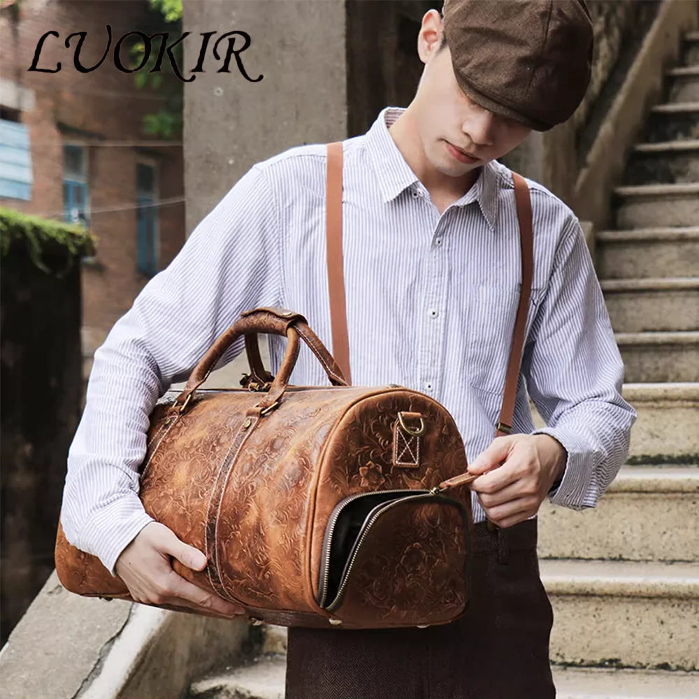 LUOKIR Vintage Leder Tote Reisetasche – Große Travel Duffle Bag aus geprägtem echtem Rindsleder, Premium Wochenend- &amp; Sporttasche