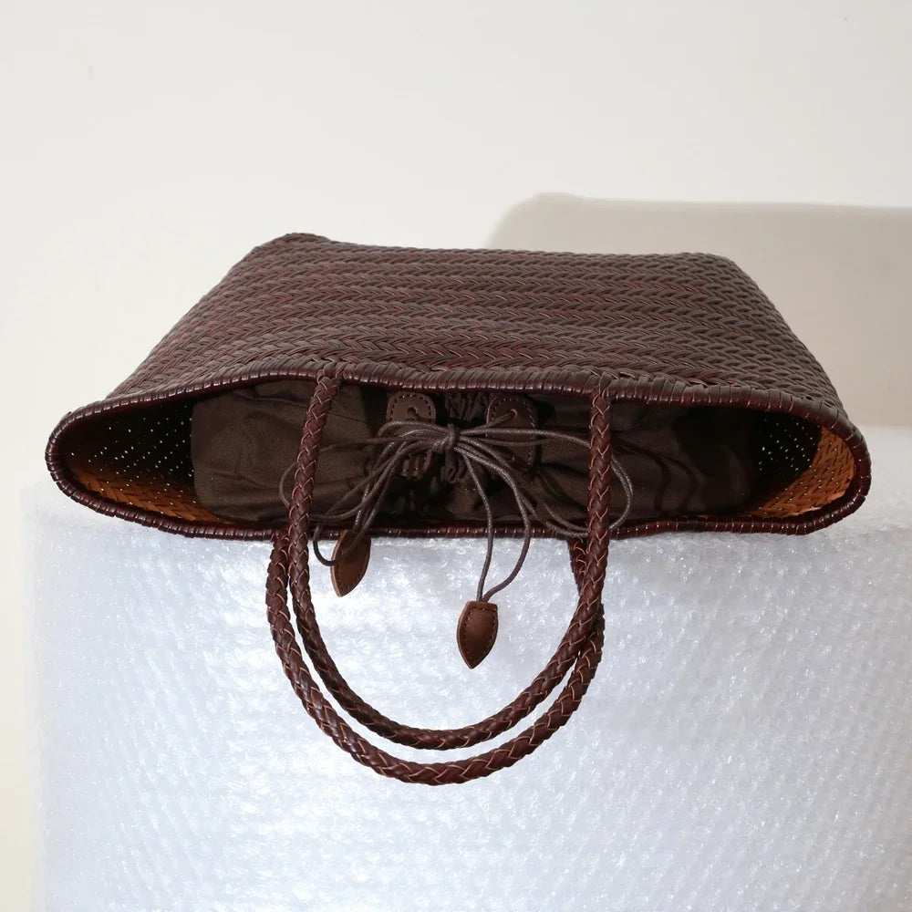 Damen Schultertasche aus echtem Leder – Handgeflochtene Vintage Tote Bag aus Rindsleder, große Shoppingtasche