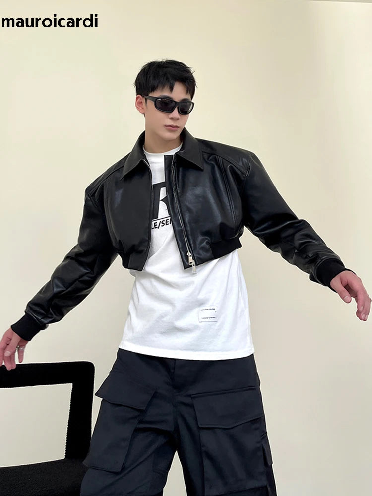 Herren Cropped PU-Lederjacke mit Reißverschluss – Luxus Designer Kurzjacke im europäischen Runway-Stil für Frühling & Herbst