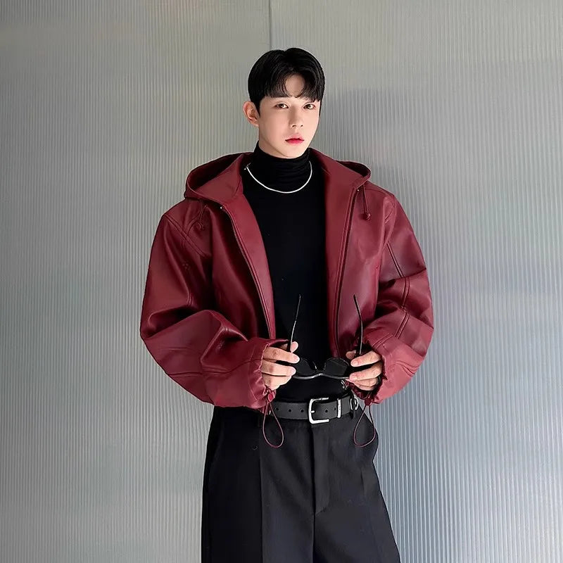 Veste en cuir PU pour hommes avec capuche - Veste surdimensionnée imperméable et épaisse avec poches à rabat, style de la mode coréenne pour les repas et les herbes