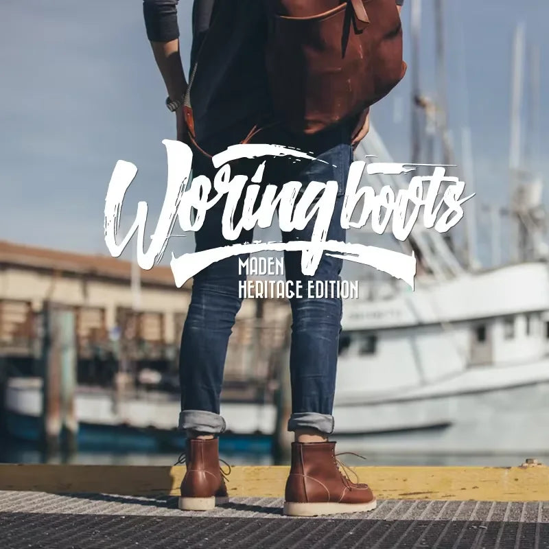 MADEN Herren Vintage Brown Split Leather Boots – Mid-Calf Motorrad- & Arbeitsschuhe, High-Top Schnürstiefel für Herbst und Winter