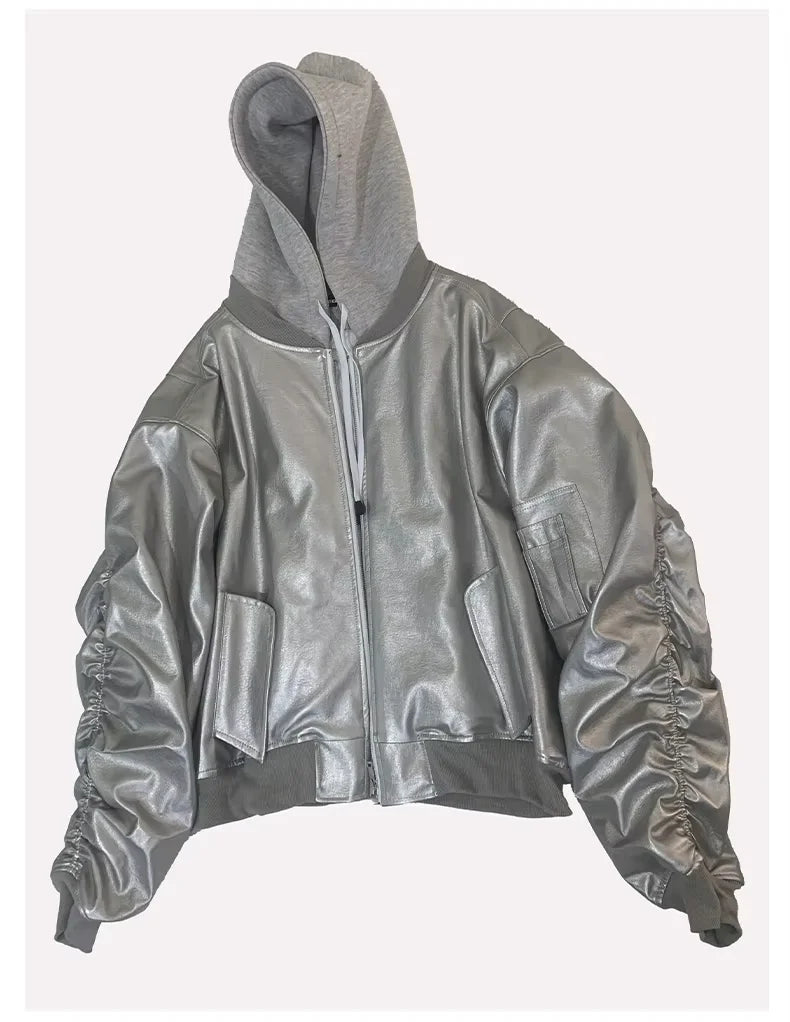 Bomberjacke surdimensionné en cuir PU pour hommes en noir – Veste de créateur chaude avec des vêtements de style streetwear pour l'hiver et l'hiver