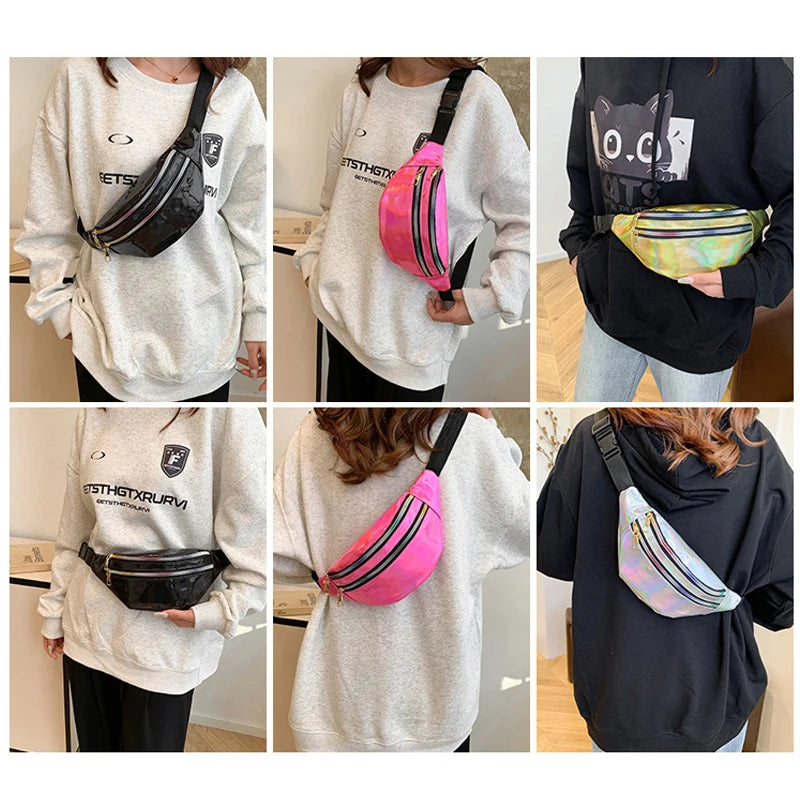 Damen & Herren PU-Leder Waist Bag – Holographische Laser Gürteltasche, Waterproof Crossbody & Chest Bag für Sport und Alltag