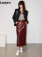 Lautaro Damen Midi Bleistiftrock aus glänzendem PU Leder – High-Waist Patent Lederrock, falda lápiz lujosa para oficina y hierbas/frutas