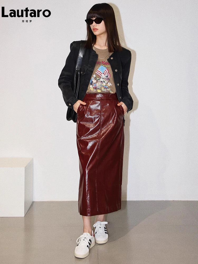 Lautaro Damen Midi Bleistiftrock aus glänzendem PU Leder – High-Waist Patent Lederrock, luxuriöser Pencil Skirt für Office & Herbst/Frühling