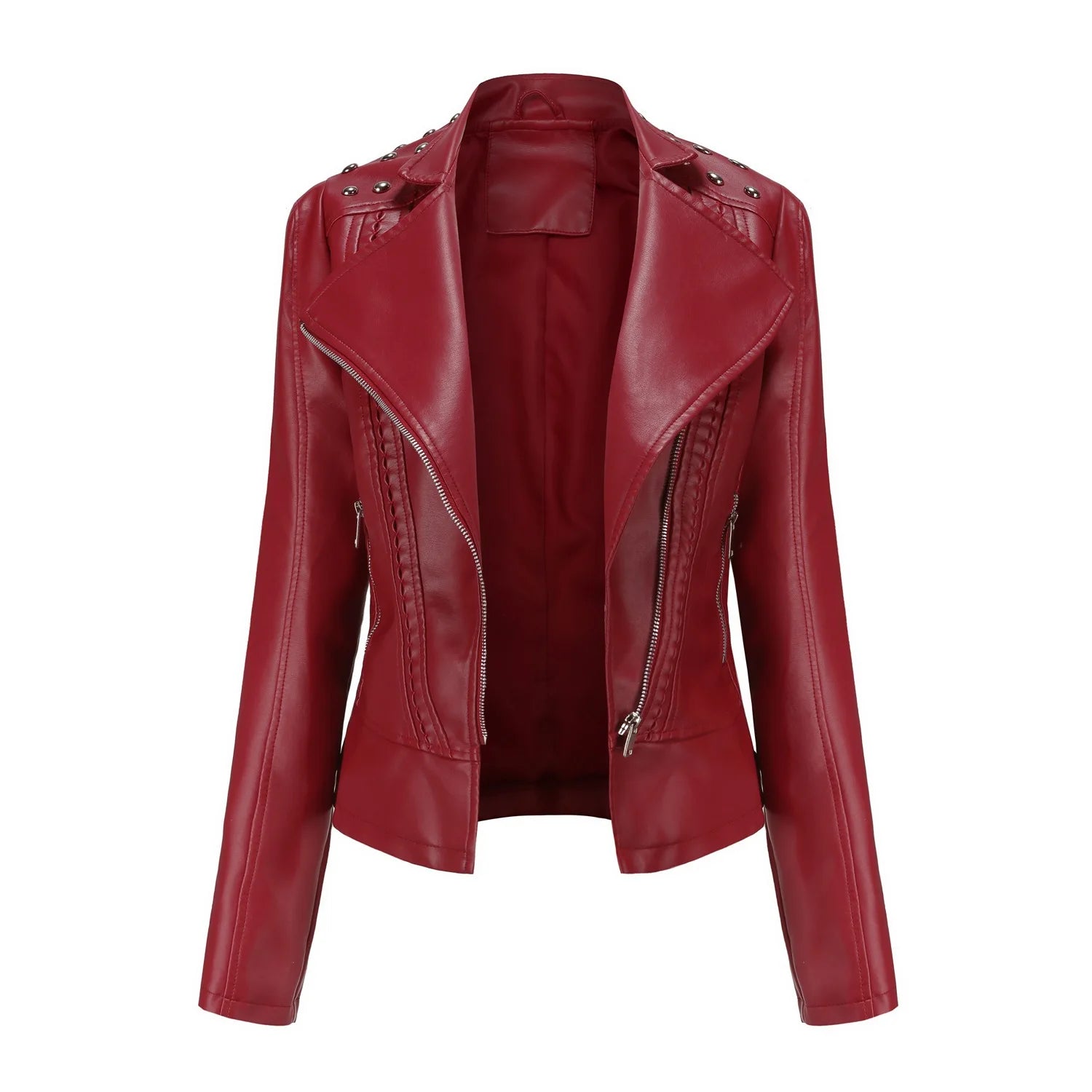 Damen Punk Biker Lederjacke mit Nieten – Kurze Slim Fit Faux Leather Jacke mit Reverskragen, Retro Moto Jacke für Frühjahr & Herbst