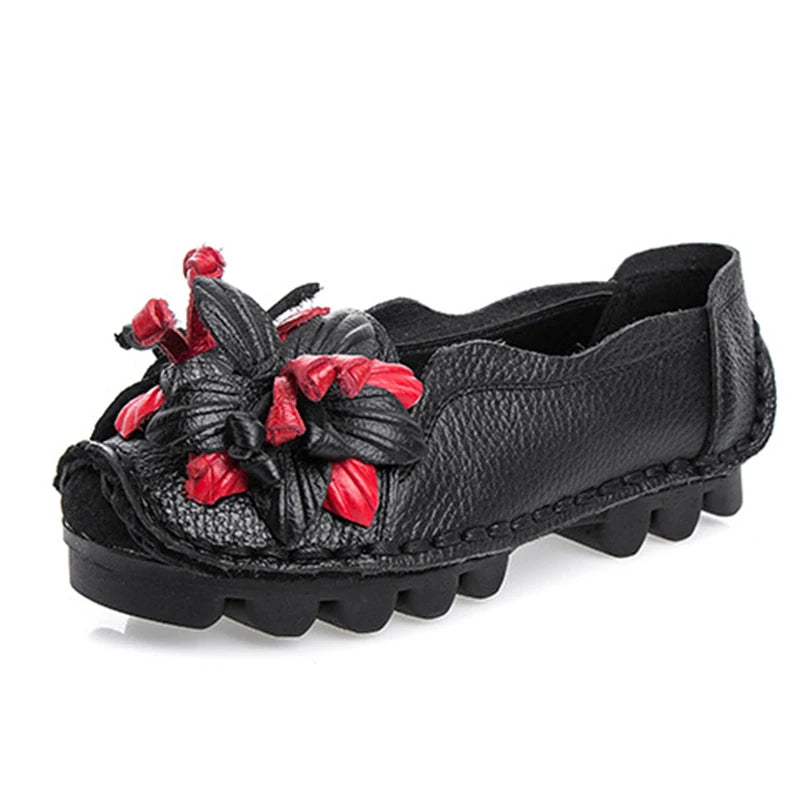 WOIZGIC Damen Flats BC-589 – Handgefertigte Ledermokassins mit Blumen, Mocassins à enfiler, Rétro et grande taille