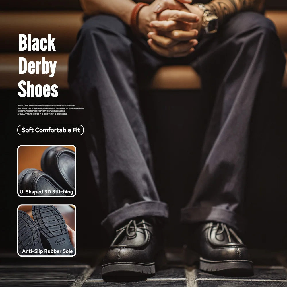 MADEN Herren Derby Schuhe Schwarz – Vintage Leder Schnürschuhe im British Style, Runde Zehenform für Business & Büro