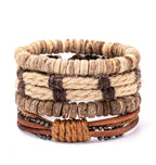 Boho Lederarmband für Herren – Handgeflochtenes Armband mit Holzperlen & Kokosschale, verstellbares Ethno Charm Armband