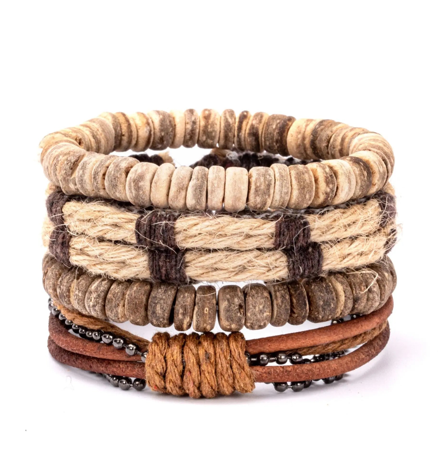 Boho Lederarmband für Herren – Handgeflochtenes Armband mit Holzperlen & Kokosschale, verstellbares Ethno Charm Armband