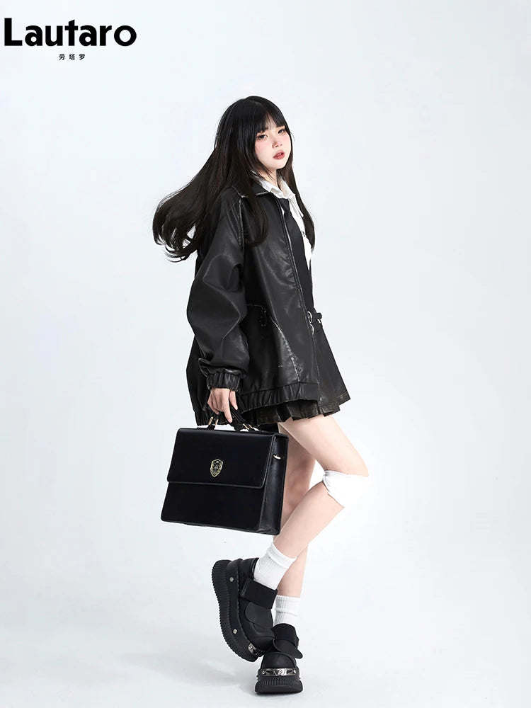 Lautaro Spring Autumn Cool Retro Oversized Distressed Black Soft Faux Leather Jackets for Women Zipper Maillard Style Clothes
