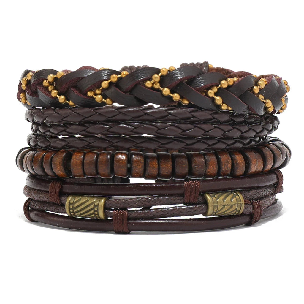 Boho Lederarmband für Herren – Handgeflochtenes Armband mit Holzperlen & Kokosschale, verstellbares Ethno Charm Armband