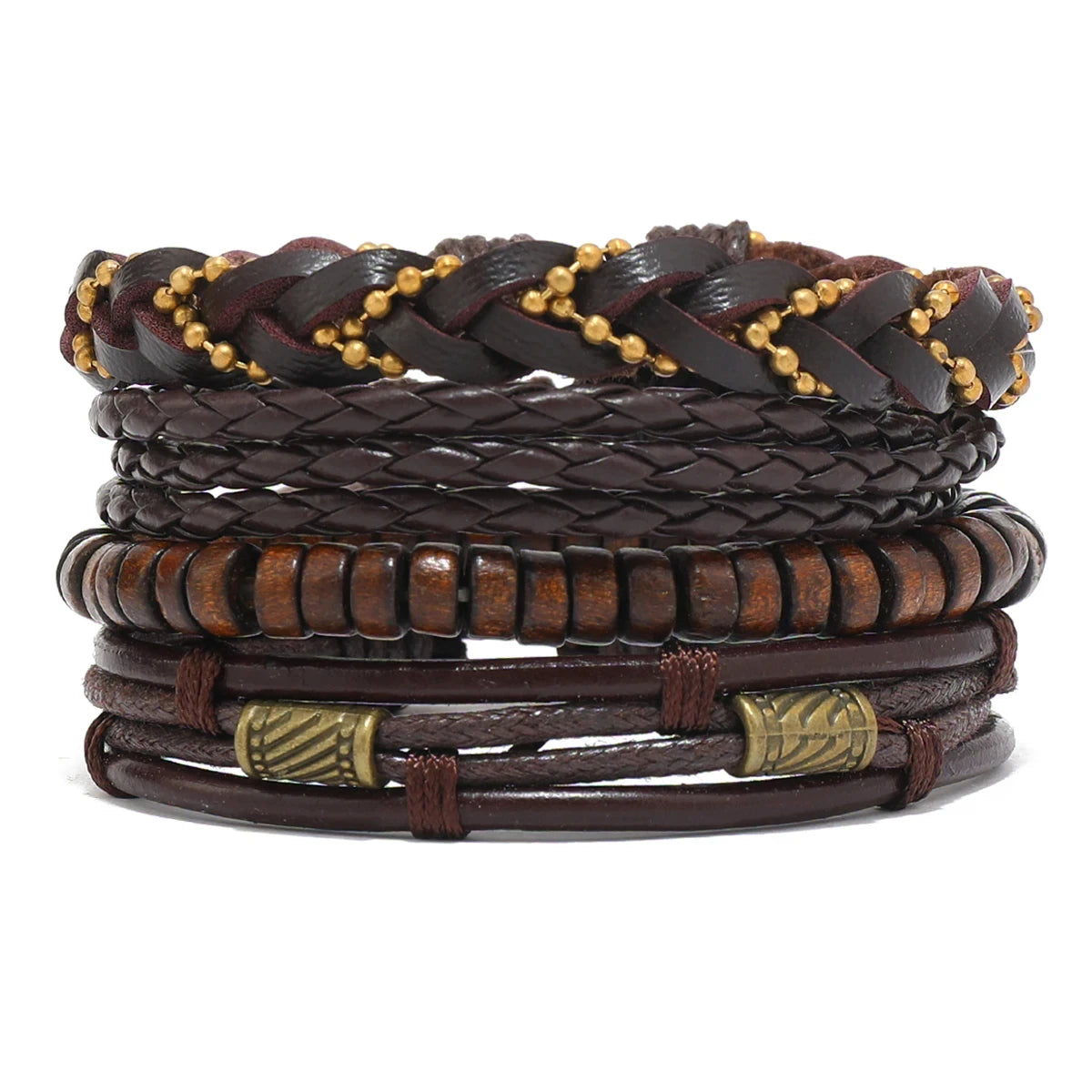 Boho Lederarmband für Herren – Handgeflochtenes Armband mit Holzperlen & Kokosschale, verstellbares Ethno Charm Armband