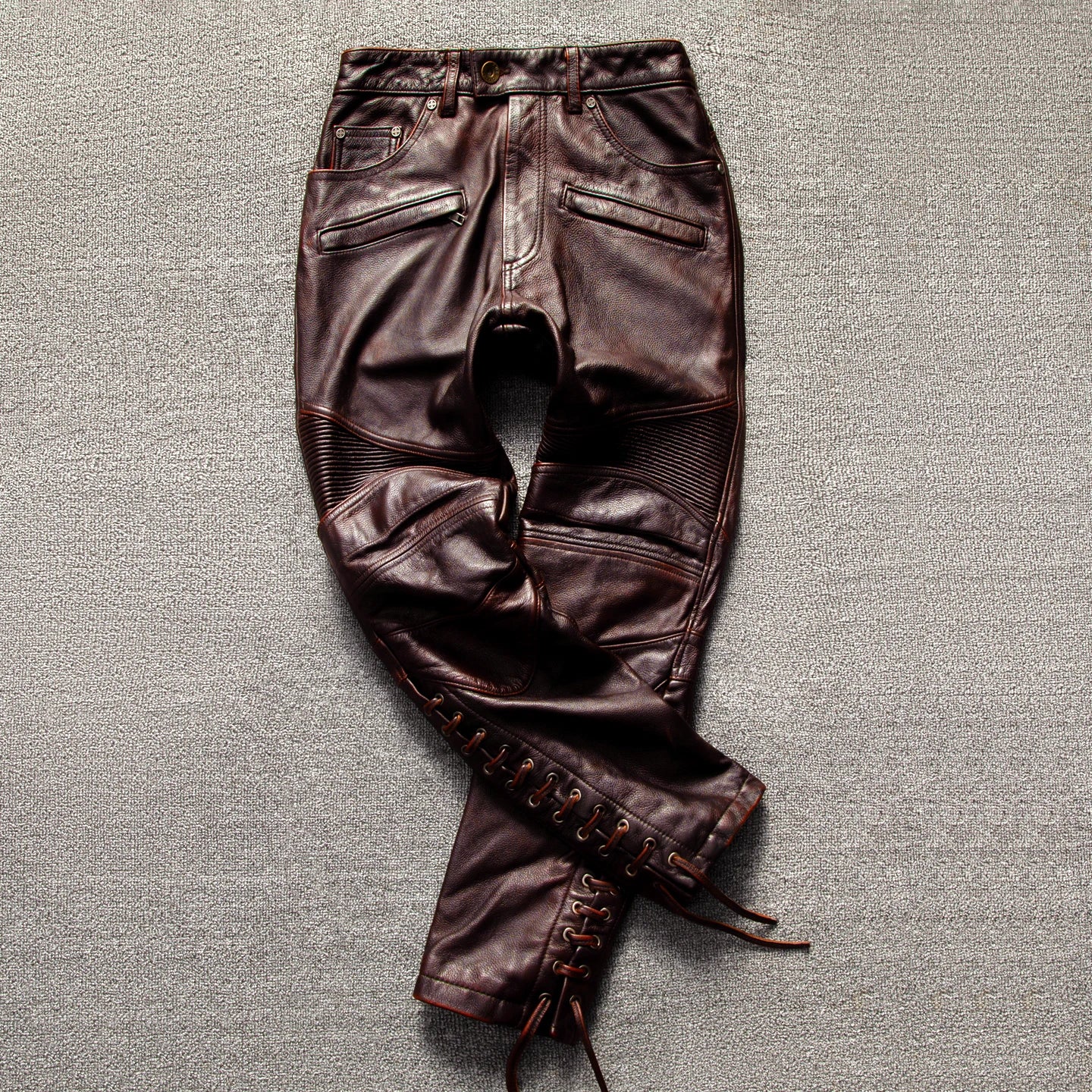 Herren Echtleder-Lederhose in Rotbraun – Vintage Motorrad-Hose aus Rindsleder, warme Winterhose im Retro-Stil bis 5XL