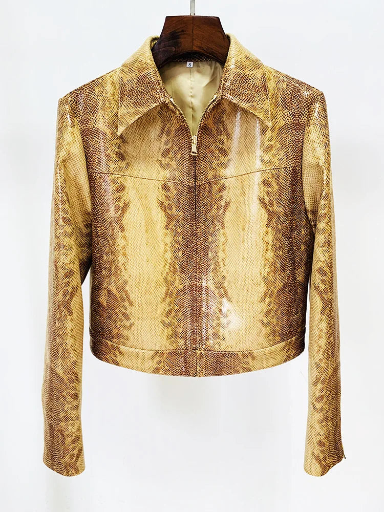 HIGH STREET Designer Damen Lederanzug 2025 – Schlangenleder-Optik Jacke mit Reißverschluss & High Waist Schlaghose Set