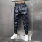 Pantalons d'art hip-hop pour hommes dans le style Harajuku - Pantalons de style streetwear en cuir avec cordon élastique, pantalons sarouel décontractés noirs