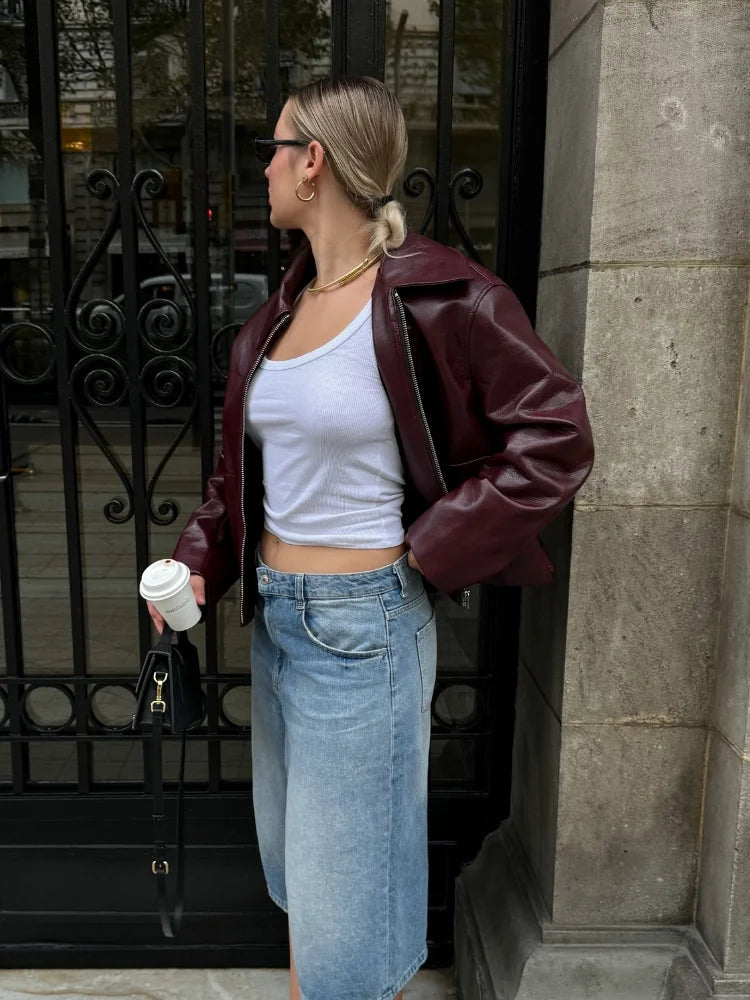 Damen Kurzlederjacke mit Revers – Retro Street Jacket mit Reißverschluss & Kapuze, Herbstmode 2025