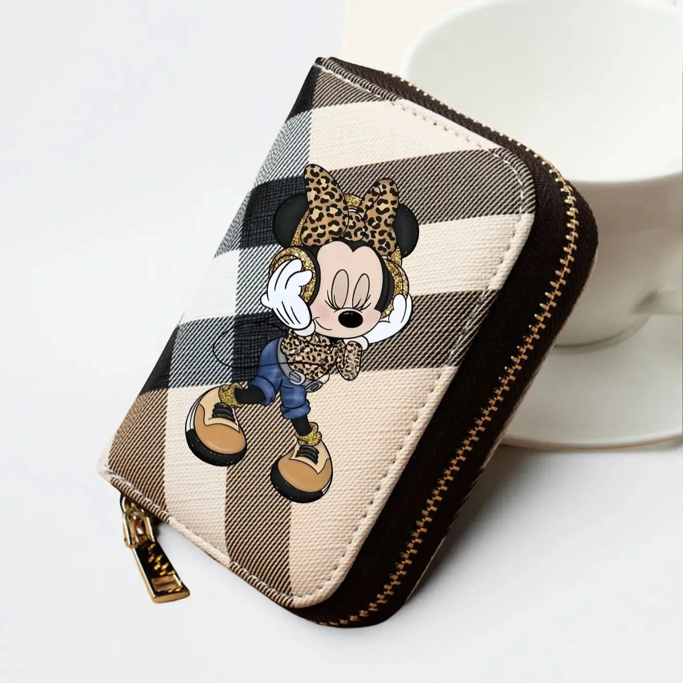 Potdemiel Damen Geldbörse aus PU-Leder – Kurze Wallet mit Reißverschluss, Minnie Karomuster & Leoparden-Design, Kartenfächer in 3 Farben