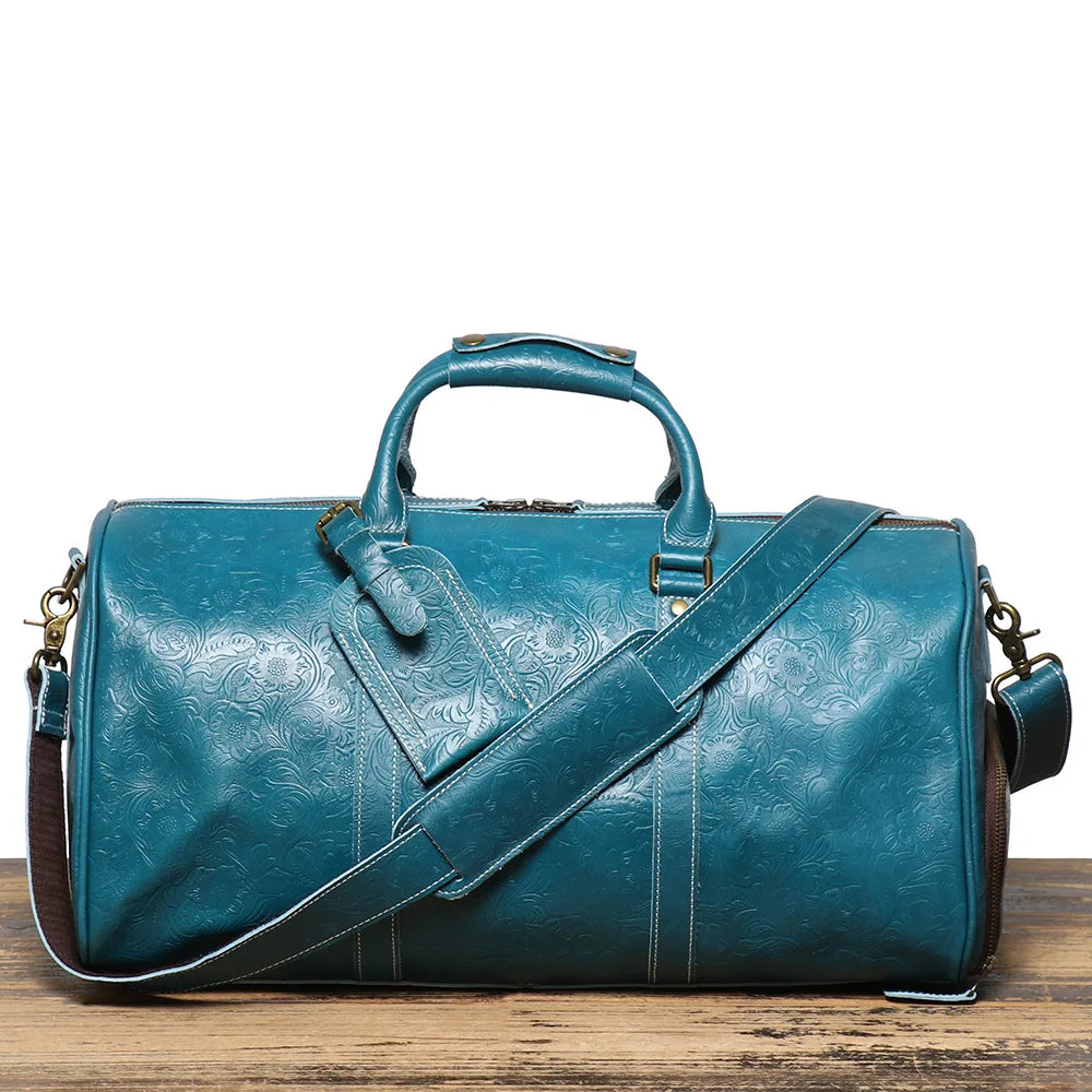 LEATHFOCUS Vintage Leder Reisetasche – Geprägte Duffle Bag aus echtem Rindsleder, große Business-, Wochenend- &amp; Sporttasche für Damen &amp; Herren