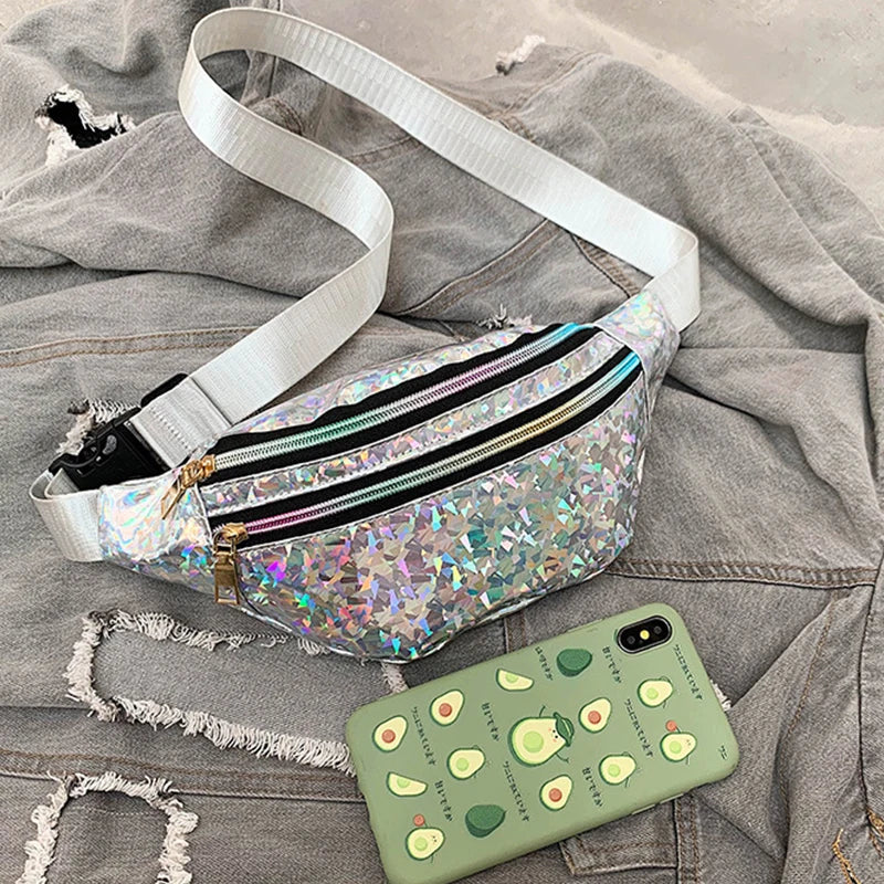 Yogodlns Holografische Fanny Pack – Laser PU-Leder Bauchtasche für Damen, Hologram Waist Bag & Crossbody Hip Bag