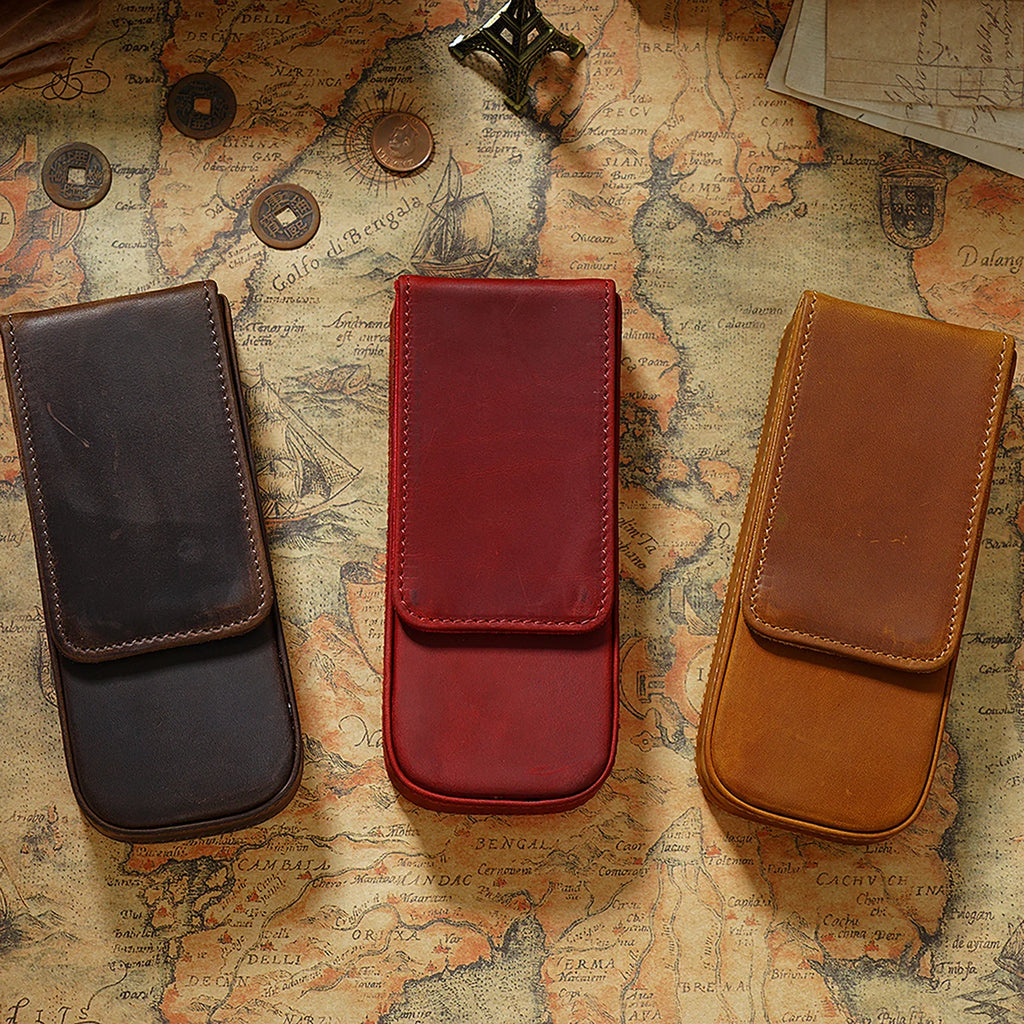 Étui à stylos en cuir véritable avec étui magnétique – Étui à stylos en cuir Crazy Horse pour 3 étuis avec étui à stylos