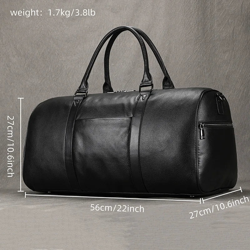 Newsbirds Premium Leder Reisetasche 50 cm - Weiche Cowhide Duffle Bag aus echtem Leder, schwarze Weekend- &amp; Handgepäcktasche für Damen und Herren 