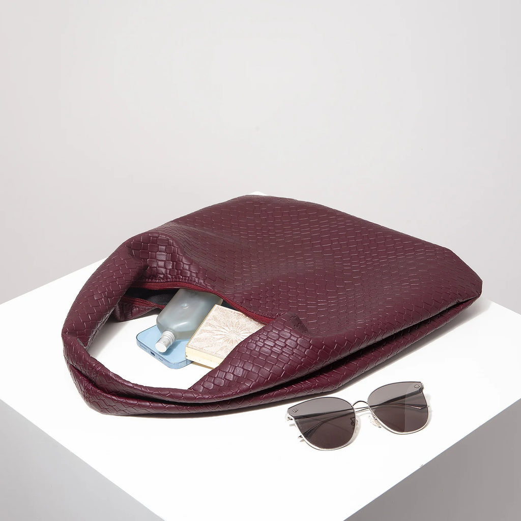 Vintage Faux Woven Leather Shoulder Bag – Damen Handtasche, Große Halbmond Tote Bag mit Reißverschluss, Alltag & Pendeln