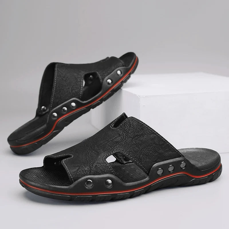 Herren Sommer Slipper aus echtem Leder – Atmungsaktive Clogs & Slides mit rutschfester Sohle, Bequeme Beach- & Outdoor-Sandalen in großen Größen